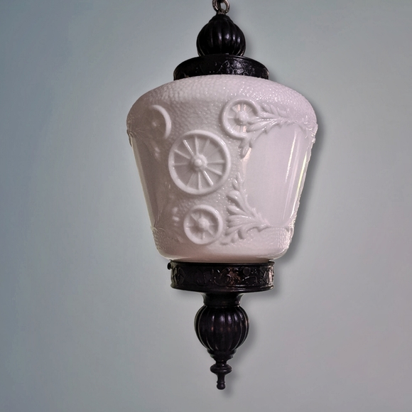 *SOLD*Antique embossed Milk Glass Hanging Swag Light Fixtures Victorian Old West - Picture 7 of 10
